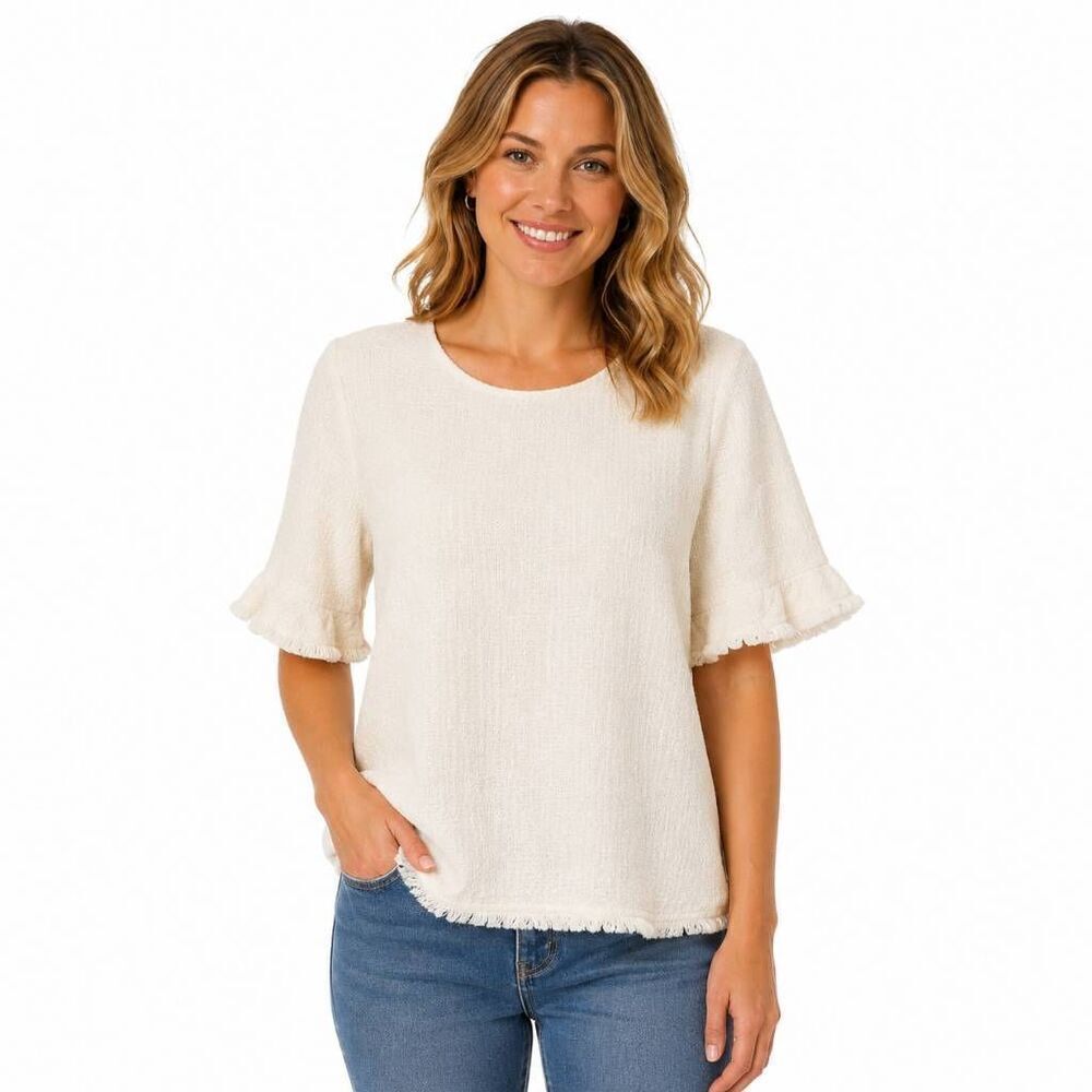 Banana Republic S Cream Fringe Sleeve Textured Top